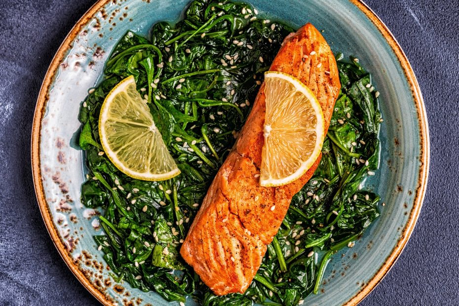 Grilled salmon with spinach.